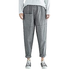 Amazon Shuming ワイドパンツ レディース ストライプ柄 テーパードパンツ 九分丈 ゆったり 綿 麻 ロングパンツカジュアル ゴム 着痩せ ストライプパンツ 大きいサイズ 夏 秋 Freesizeボーダー ロングパンツ 通販
