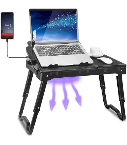 JELNER Adjustable Bamboo Laptop Desk With Cooling Fan - Foldable Bed Tray, Tilting Top & Drawer