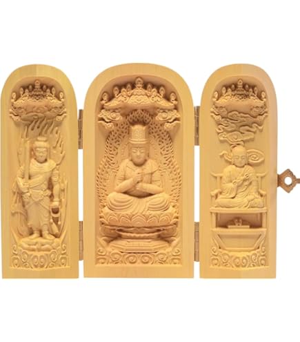 Amazon｜【仏像】 柘植木彫り 置物 三開仏 【真言宗三尊：大日如来