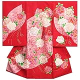 お宮参り　着物　女の子　正絹女児初着　女の子用産着　赤　レインボーローズ　刺繍使い　ジルコニア　金通し生地