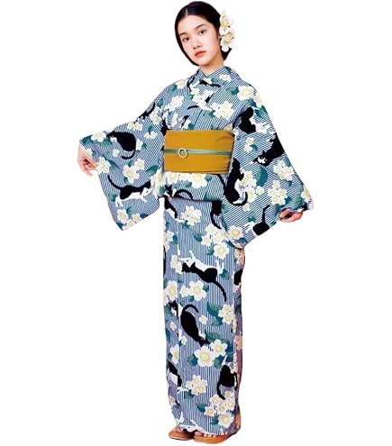 Amazon.co.jp: 大人の浴衣白ねこ柄トランプ柄洗える着物ブラック
