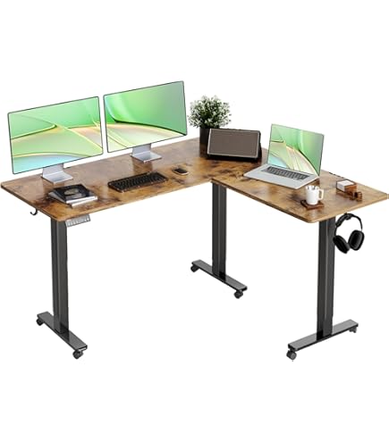 Amazon | 幅160 × 奥行70/108.5 cm 四本足 L字 電動 昇降式 PC デスク 