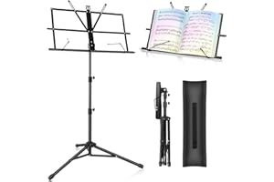 MS21 Folding Music Stand, Height 27.6 - 53.1 inches (70 - 135 cm), Adjustable Music Stand, Includes Storage Bag, Black