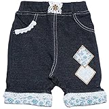 【本体綿100％】2017年 夏物 UZULAND ウズランド ニットデニム 小花アップリケ折り曲げ ５分丈パンツ ネイビー◇80cm