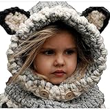 【Ani Mam Kids】キッズ 子供用 ニット 帽子 赤ちゃん ベビー アニマル 耳付き 防寒 マフラー アウター スヌード ネックウォーマー (ぎんぎつね（グレー）)