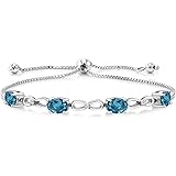 Gem Stone King 925 Sterling Silver London Blue Topaz and White Lab Grown Diamond Adjustable Women Tennis Bracelet (4.02 Cttw,