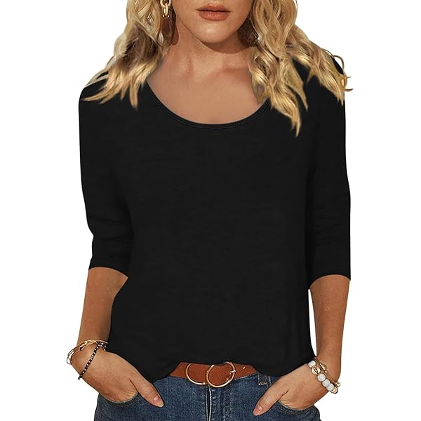 Sherosa Women's 3/4 Sleeve Loose Tunic Top – Scoop Neck Casual Shirt, Dark Green, Size L