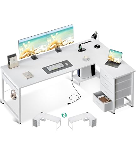 Amazon | 机、L字型デスク、リバーシブル棚付き47インチコンピューター