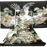 【紋入れ付き】【お宮参り着物】【黒地系 鷹に絵巻物の柄】男の子 正絹 友禅【風呂敷プレゼント/ギフト対応】