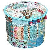 Stylo文化装飾ヴィンテージパッチワークPoufカバーラウンドパッチワーク刺繍Pouffe Ottomanカバーターコイズコットンフローラル従来家具Footstool Seatパフカバー(16 x 