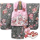 七五三 着物セット 《花ひめ》ピンク鹿の子被布 黒地に鹿の子と菊桜ちらし 3YP-791 No.4