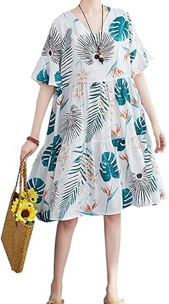 Amazon Zhongjue ジュージェン 半袖 ワンピース レディース ひざ丈 オーバーサイズ チュニック アロハ ワンピース ファッション 旅行 リゾート ワンピース 大きいサイズ パンツ 通販
