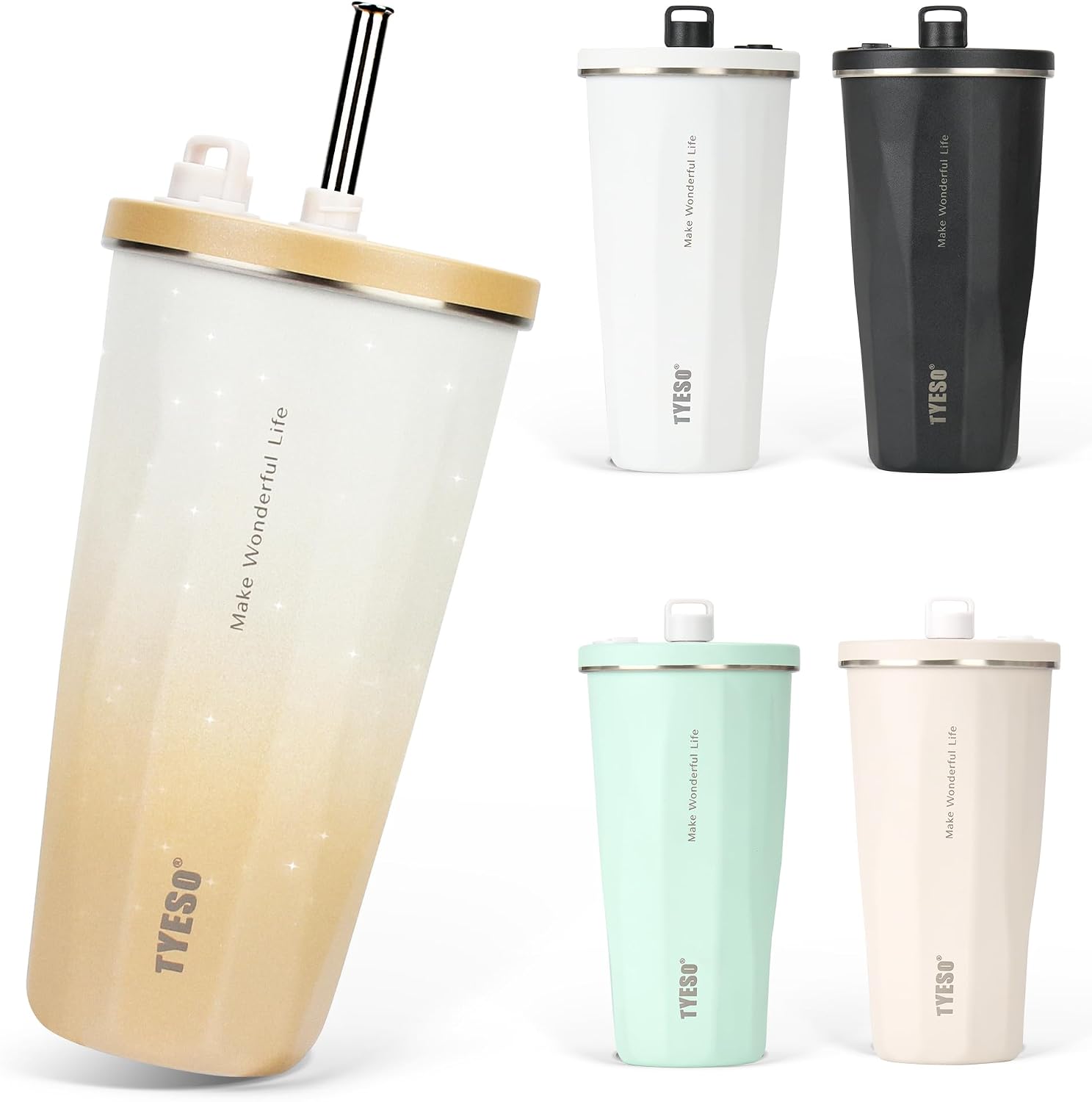 【SNSで話題】TYESO タンブラー ストロー付き 470ml ステンレス 蓋付き 真空断熱 保温 保冷 アウトドア 持ち運び便利 直飲み 漏れない 大容量 多色 トラベル