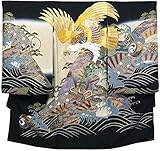 お宮参り初着　刺繍加工　黒色地に鷹刺繍柄と京友禅染め加工　5つ紋入れサービス　仕立上り　下着付　日本製