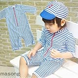 【 韓国スタイル子供服】 キッズ水着 ボーダー柄 男の子★子供ビキニSandy beachビキニ三点セット Blue,130cm