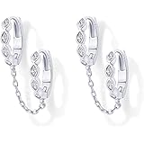PAVOI 14K Gold Chain Earrings for Women | Double Piercing Dangle Chain Huggie Hoop Earrings | Cubic Zirconia Pearl Stud Ear C