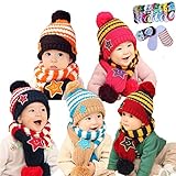 【Global Trade Japan】 かわいい 星 ボンボン 帽子 ＆ マフラー & 靴下 3点セット あったか ニット ボーダー 帽子 ベビー 用 子供 用 小さな お子様用 防寒 幼児 キッズ
