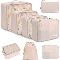 BAGAIL 8 Set Packing Cubes, Lightweight Travel Luggage Organizers with Shoe Bag, Toiletry Bag & Laundry Bag (Beige)