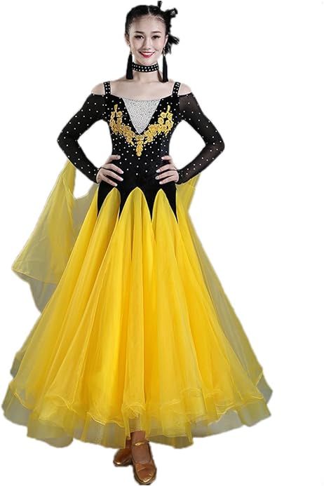 競技ダンス① 社交ダンススタンダードドレス黄色黒長袖ビーズ