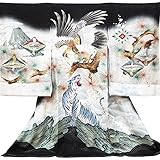 【紋入れ付き】【お宮参り着物】【黒地系 鷹に雪輪の柄】男の子 友禅 刺繍 正絹【風呂敷プレゼント/ギフト対応】