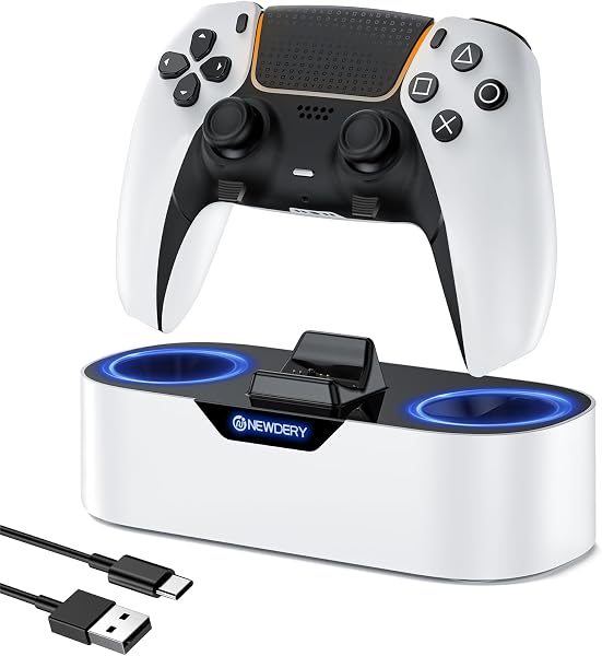 NEWDERY PS5 コントローラー 充電スタンド 収納スタンド 急速充電 置くだけ充電 ps5コントローラー 周辺機器 アクセサリ USB-Cケーブル付属 LED指示ランプ付き 過充電防止 コンパクト 軽量 ホワイト - 1