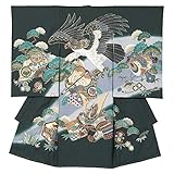 男の子初着 お宮参り着物 ポリエステル 濃緑 鷹に兜