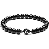 MIGATI Initial Black Onyx Letter Name Bracelet Personalized for Women Men Couples Yoga Stress Relief Elastic