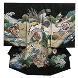 お宮参り着物　正絹男児初着　黒　　ベージュ　刺繍鷹　松竹梅　兜