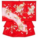 女の子初着 お宮参り着物 ポリエステル 赤 鼓に花車