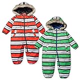 (レッド/80cm)ベビー服 男の子 カバーオール ジャンプスーツ スノーコンビ KID BOW キッドバウ 中綿 裏シャギー 耐水圧2000 前開きファスナー マルチボーダー柄 ファー付フード 男児