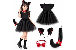 [Familio] 【日本企業】 黒猫 ネコ コスプレ 女の子 ハロウィン 仮装 ワンピース 4点セット 100 120 140 クリップ式しっぽ | 尻尾は安全ピン不使用で安全。日本企業が販売しています。コスチューム お遊戯会 発表