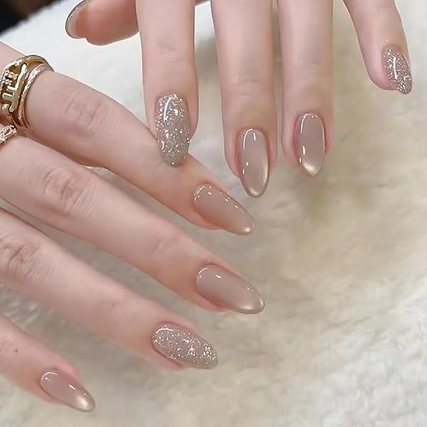 BHIDENAW ネイルチップ ショート 24枚入 人気 和風 かわいい シンプル おしゃれ 成人式 結婚式 パーティー 日常生活に使用できます 花嫁ネイル 光沢 つけ爪 両面テープ ウッドスティック (一目惚れ-189, M) - 1