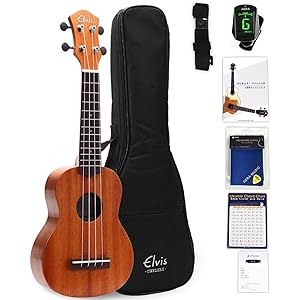 【初心者セット8点】ELVISエルビス・ソプラノウクレレ・マホガニー材・U100S・美木目・検品後発送で安心【安心の3年保証】【付属品8点セット:国内保証書・チューナー・厳選11曲の教則本・コードチャート・ピック・ストラップ・ポリシングクロース・ギグバッグ】