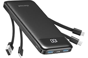 Charmast 10000mAh Power Bank Built in 4 Cables, Slim USB C Portable Charger, LED Display External Battery Pack with 6 Output and 3 Input, Compatible with iPhone, Samsung, Tablets and More