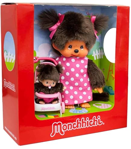 Sekiguchi 233724 - Original Monchhichi girl, rainbow T-shirt with bag and bows, approx. 20 cm high soft brown plush