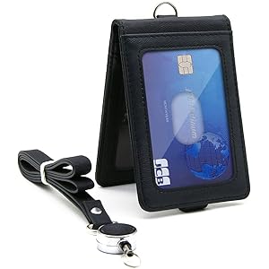 Aemicion 定期入れ IDカードホルダー パスケース パス入れ IDカードケース ネームホルダー icカードケース カードケース リール付き クリップストラップ付き 革 レザー 二面 メンズ レディース 通勤 通学 ブラック