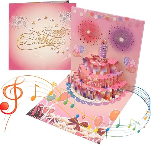 誕生日カード メロディ ライト付き 3D立体ケーキ（ピンク）（YFFSFDC）の商品画像