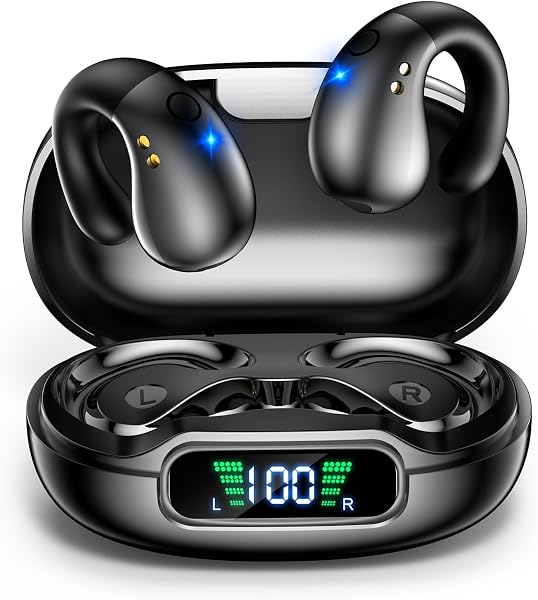 イヤホン bluetooth【近未来感 イヤーカフイヤホン】新時流 OWS(Open Wearable Stereo) 空気伝導 耳挟み式 bluetooth 塞がない ワイヤレス 骨伝導の革新 耳挟み式 オープンイヤー 音漏れ抑制 耳を塞がない Bluetooth5.3 数字LEDディスプレイ 瞬時接続 耳掛け式 耳を飾るアクセサリー 超軽量 快適装着感 圧迫感ゼロ 黑 - 1