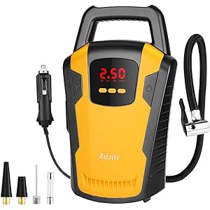 Aitsite エアコンプレッサー 車用空気入れ タイヤ 空気入れ 小型 電動ポンプ 12V 120W 150PSI シガーソケット接続式 オートストップ Led照明 静音 長いケーブル 自動車 バイク オートバイ バスケットボール用