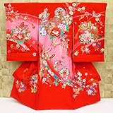 【鼓・熨斗・蝶・赤ピンクぼかし】 女児　初着　祝着 のしめ 産着 女の子のお宮参り着物