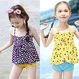 子供 女の子水着　女児　水着　上下2点セット　可愛いチェリー柄　子供水着キッズ ワンピース　フリル　スイミングウェア　2色展開（S-2XL） (M, イエロー)