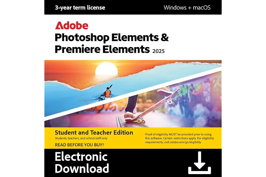 Adobe Photoshop 2025 & Premiere Elements 2025 - Student & Teacher Edition - 1 Device - 1 User - 3-Year Term Licence [Digital