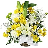 PURIZA お供えアレンジ ユリ入りSサイズ 40cm 花 弔事 御供 法要 命日 四十九日 弔花 白＆黄・オレンジ系
