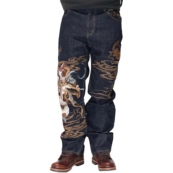 Amazon | [絡繰魂] 粋 デニム 龍 和柄 総刺繍 牡丹 ロングパンツ