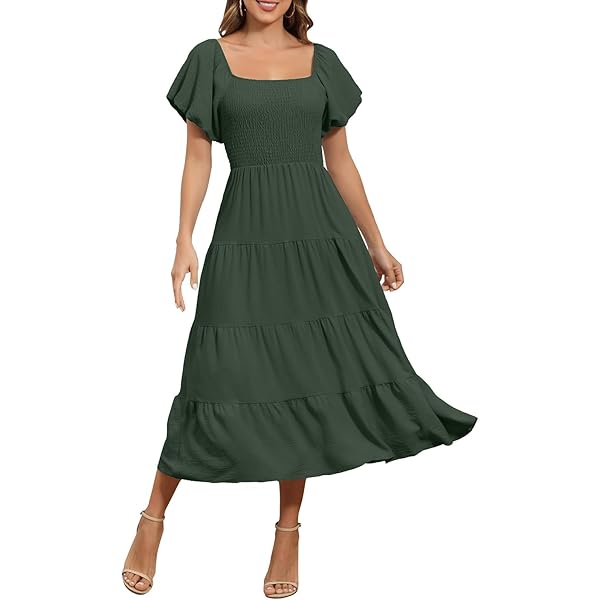 LYANER Women's V Neck Button Front Dress - Tie Waist Ruffle Hem Midi