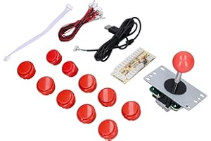 アーケードゲームジョイスティックキット、8ウェイジョイスティック、ゼロディレイUSBエンコーダーおよび10ボタンアーケードゲームDIYキットMAME用パーツ、DIYアーケードジョイスティックおよびアーケードマシン用ボタンキット(赤)