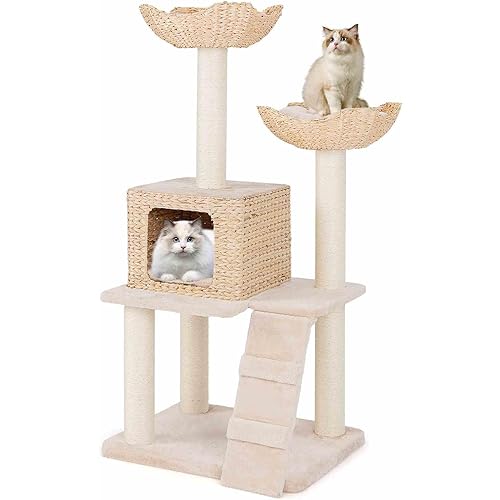 Costway Cat Tree, 122cm Cattail Cat Tower w/Sisal Scratching Posts, Condo, Basket Bed, Ladder, Washable Cushions, 4-Layer Cat