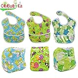 Ohbabyka6点セットフリーサイズ おむつカバー 布おむつ サイズ調整可 パンツ 食事用スタイ エプロン 防水ビブ ベビー 赤ちゃん 男の子 女の子 お食事エプロン 袖なし 保育園 給食 離乳食エ
