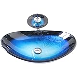 Homelava 現代 手洗い器＆蛇口セット 洗面ボウル 洗面器 バスルーム 洗面台 洗面用 強化ガラス製 排水金具付 (ブルー+ブラック)