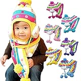 【Global Trade Japan】 かわいい うさぎ カラフル ボンボン 帽子 ＆ マフラー & 靴下 3点セット あったか ニット ボーダー 帽子 ベビー 用 子供 用 小さな お子様用 防寒